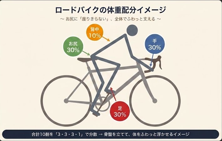 ロードバイクの体重配分イメージ 3・3・3・1