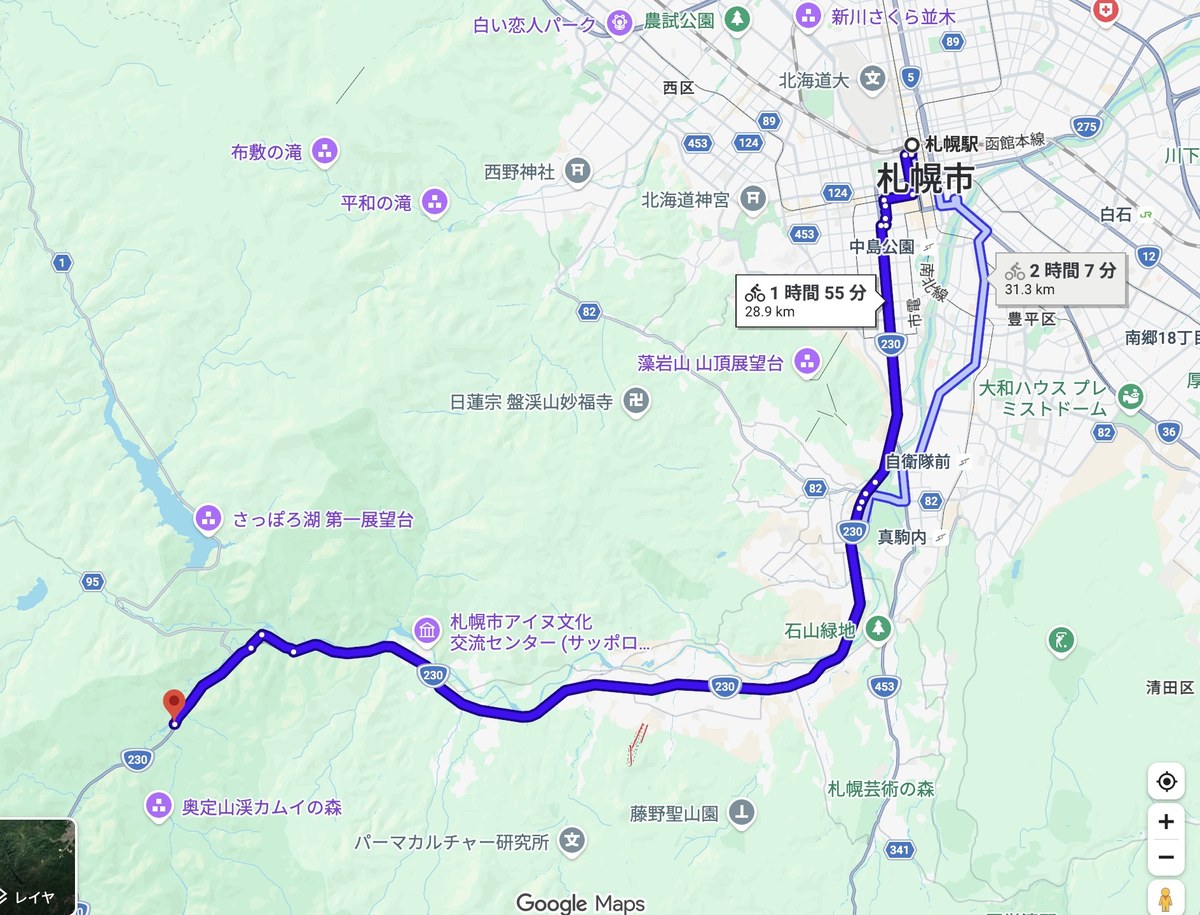 札幌駅から定山渓温泉までのルート地図