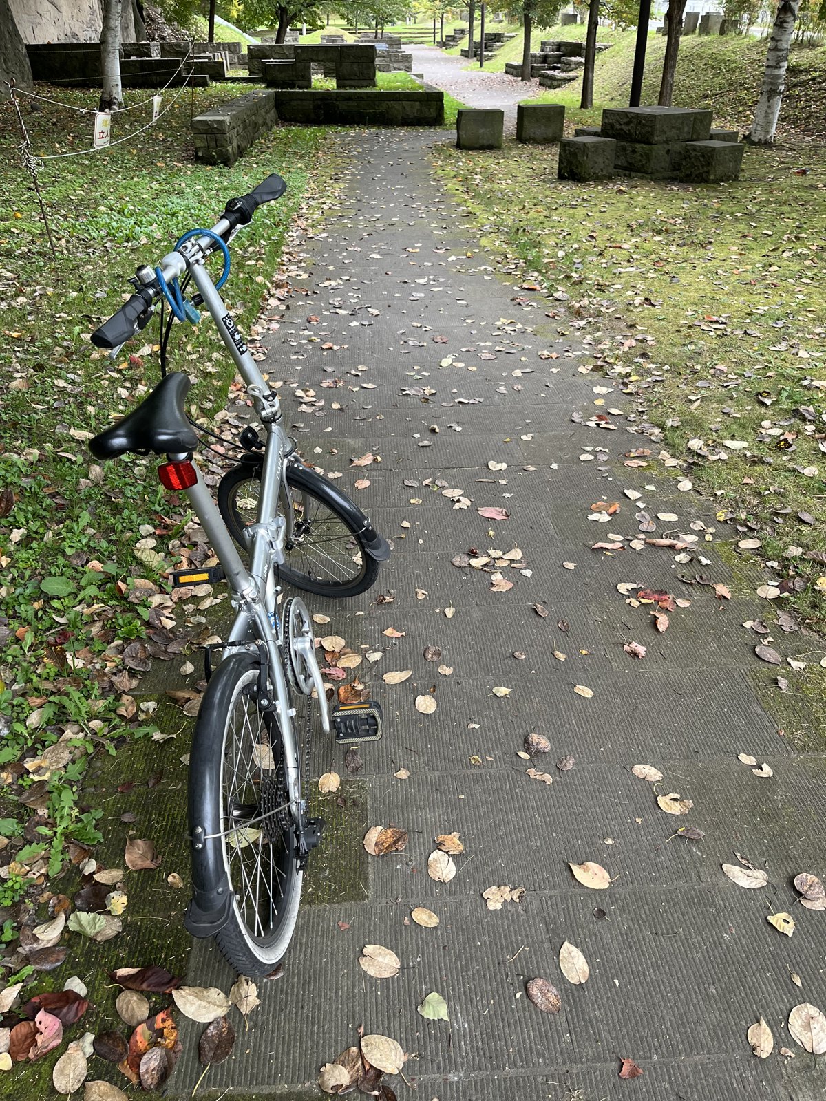 落ち葉の道に停めた折りたたみ自転車DAHON