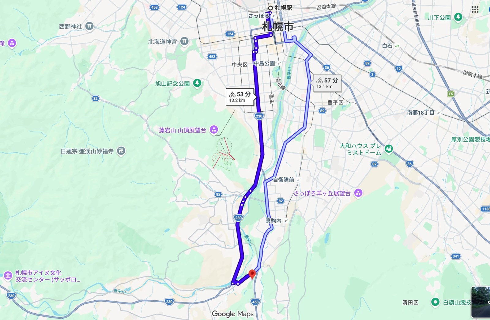 札幌駅から石山緑地までの自転車ルート地図