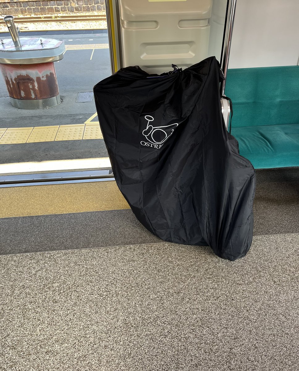 普通電車の出入口の横に置いた輪行袋