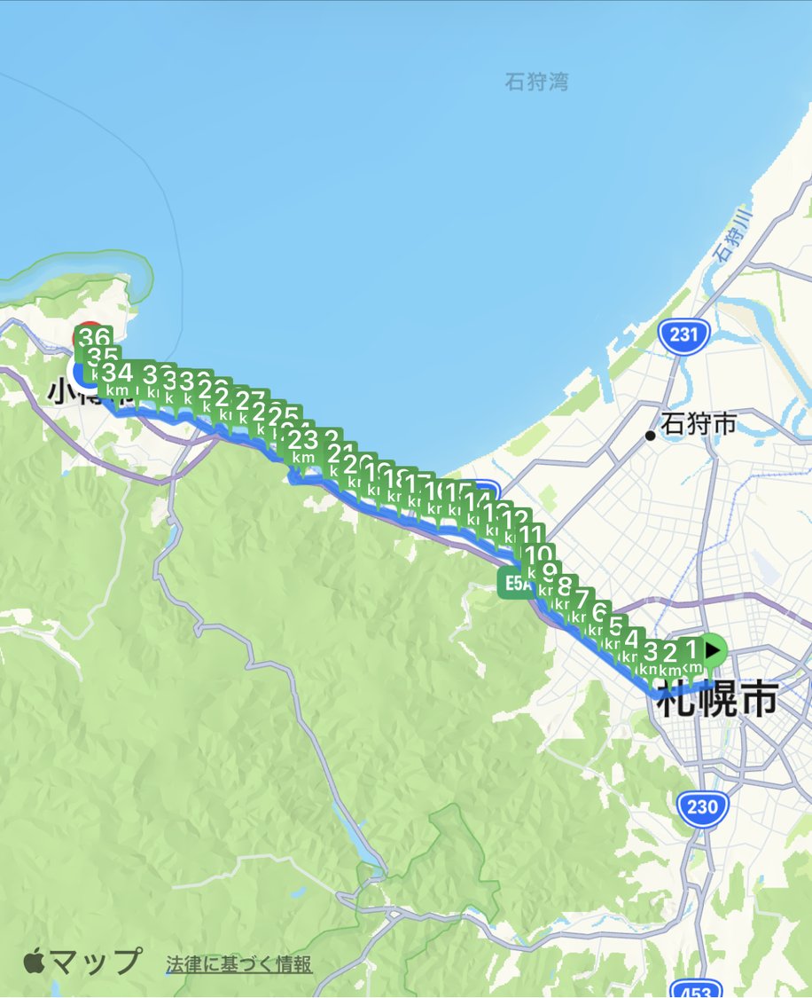 札幌駅から小樽駅までの走行ルートの地図